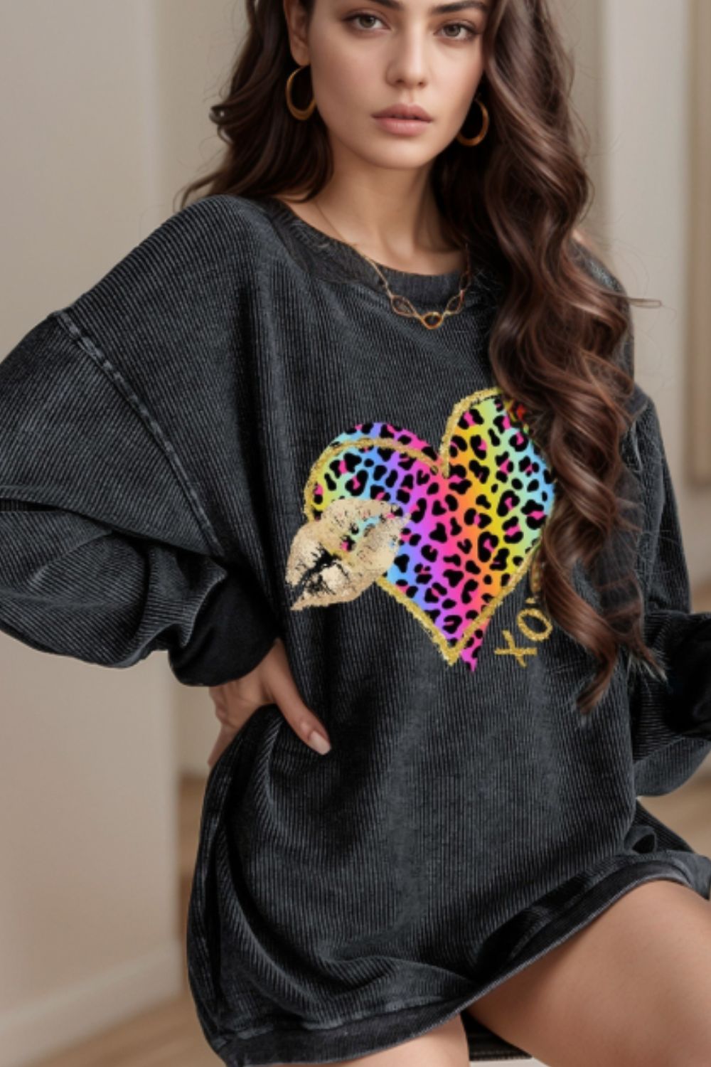 Leopard Heart Drop Shoulder Long Sleeve Sweatshirt