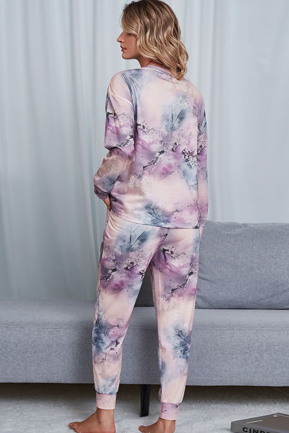 Shiny Tie-Dye Crewneck Top and Drawstring Waist Joggers Lounge Set