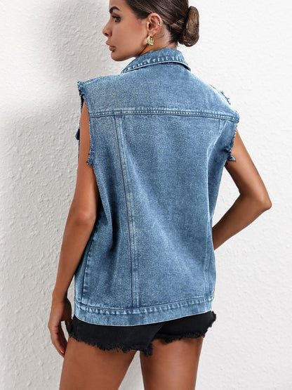 Pocketed Collared Neck Sleeveless Denim Top