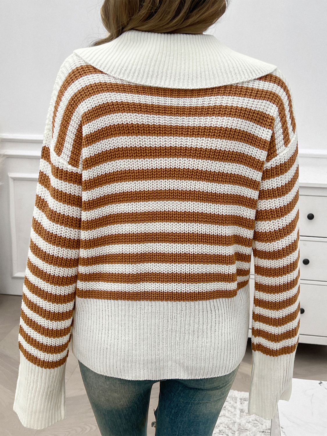 Striped Collared Neck Long Sleeve Sweater