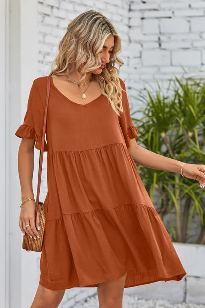 Mandy V-Neck Flounce Sleeve Tiered Dress