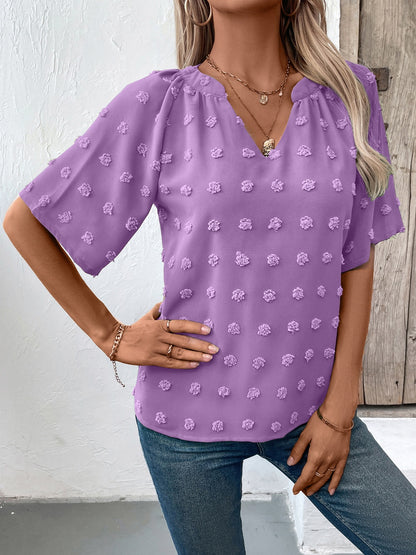 Swiss Dot Notched Half Sleeve Blouse