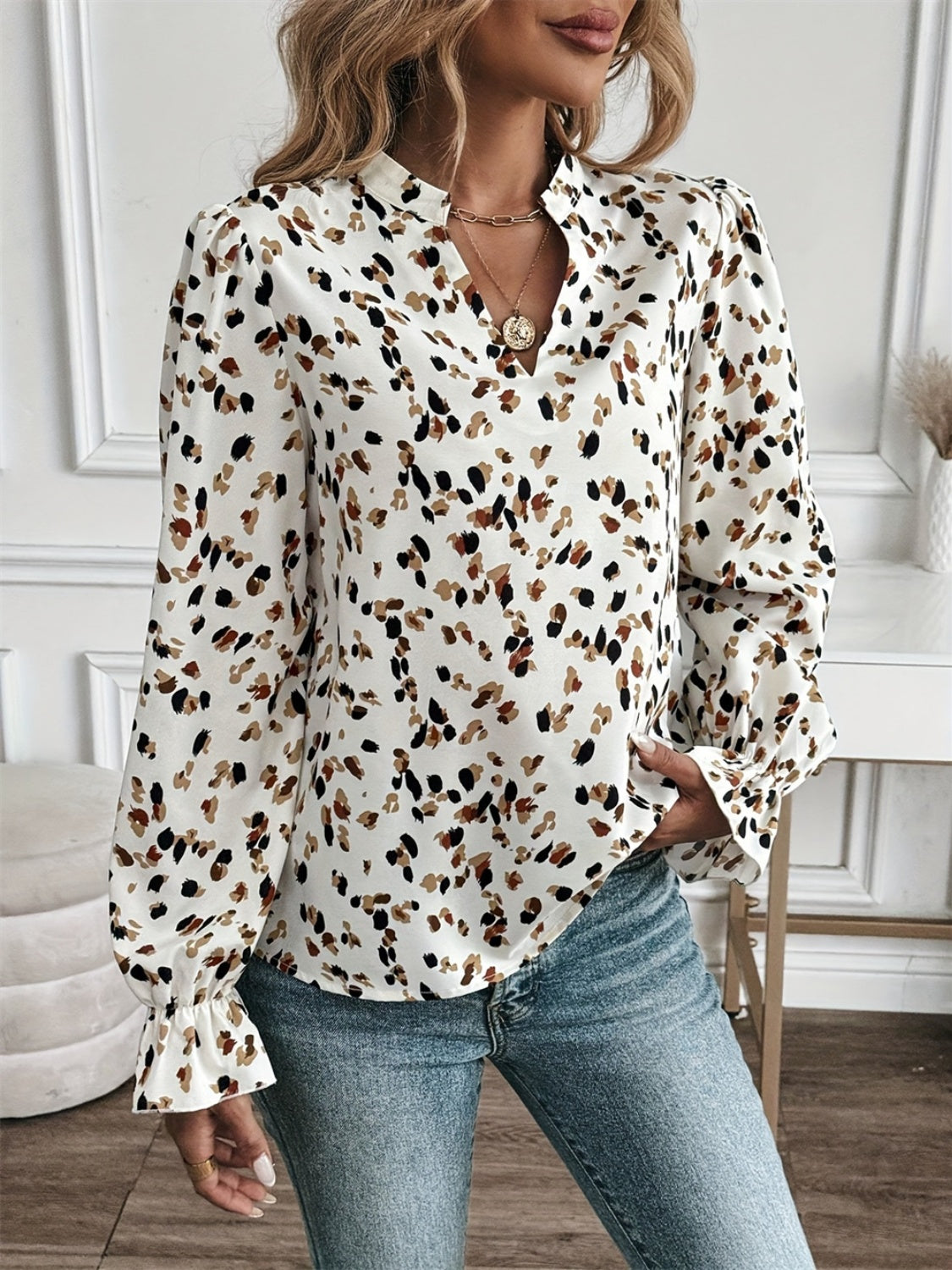 Printed Notched Flounce Sleeve Blouse