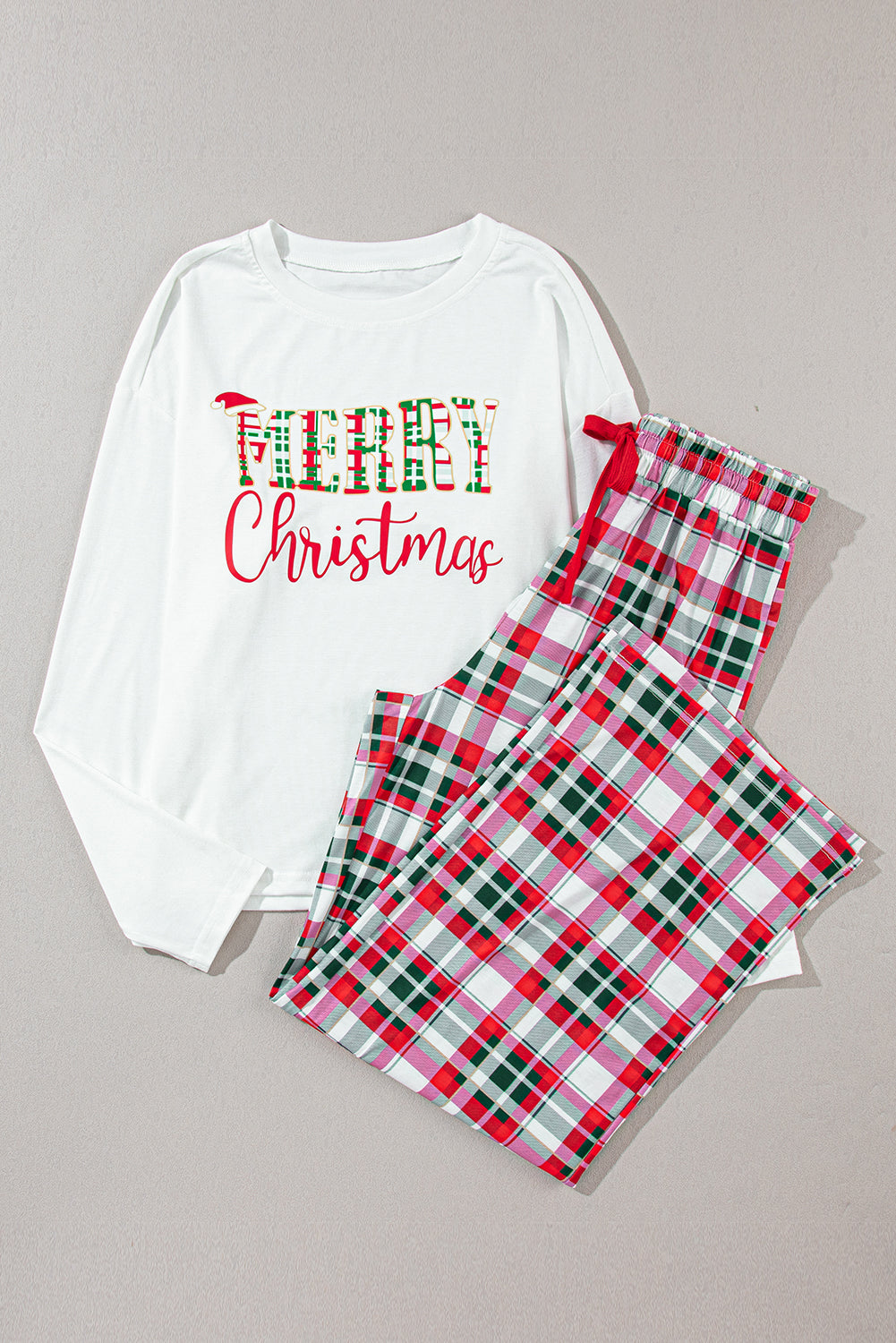 MERRY CHRISTMAS Round Neck Top and Plaid Pants Set