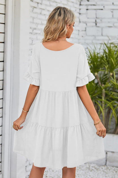 Mandy V-Neck Flounce Sleeve Tiered Dress