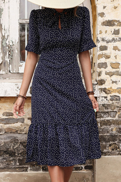 Perfee Polka Dot Tie Front Ruffled Midi Dress