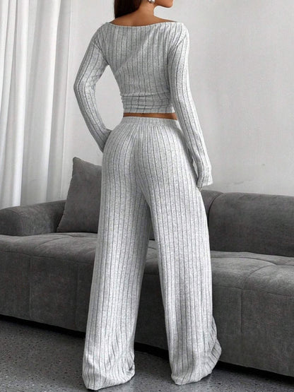 Ribbed Off-Shoulder Top and Pants Set