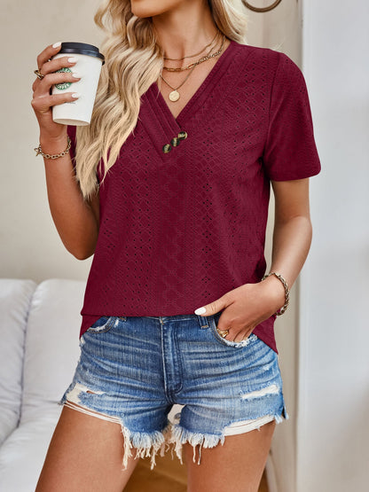 Lovelet Eyelet V-Neck Short Sleeve Top