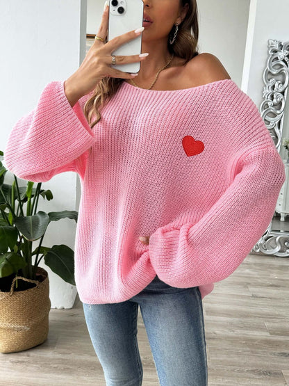 Heart Boat Neck Dropped Shoulder Sweater