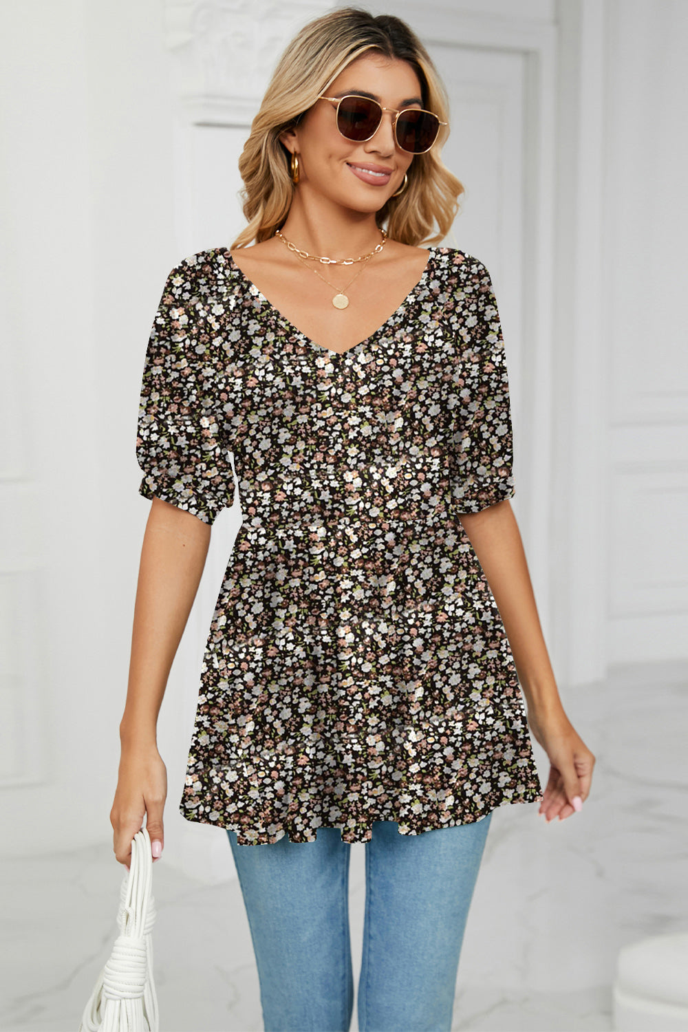 Floral V-Neck Babydoll Blouse