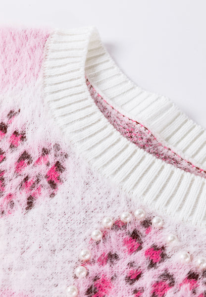 Pearl Detail Heart Round Neck Sweater