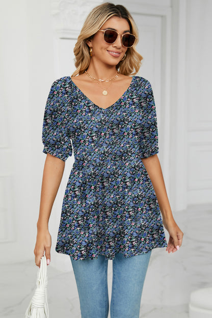 Floral V-Neck Babydoll Blouse