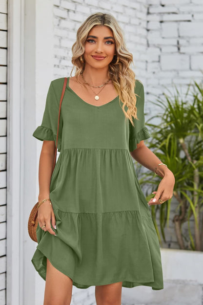 Mandy V-Neck Flounce Sleeve Tiered Dress