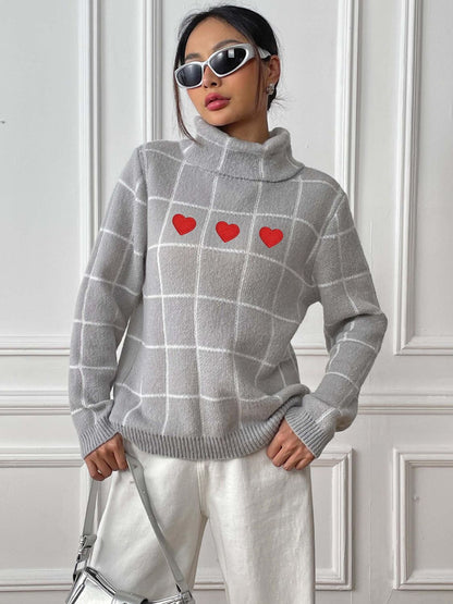 Heart Plaid Turtleneck Long Sleeve Sweater