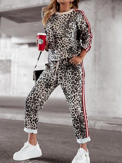 Leopard Round Neck Long Sleeve Top and Pants Set