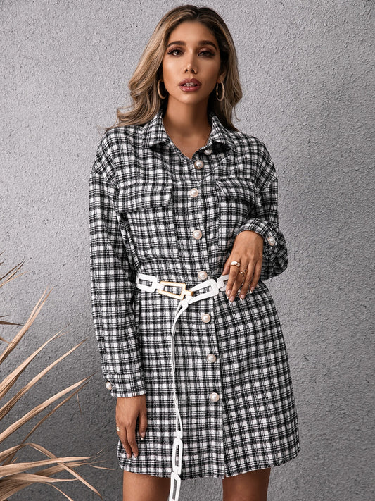 Pocketed Plaid Long Sleeve Mini Dress