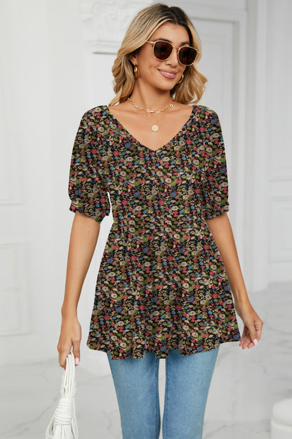 Floral V-Neck Babydoll Blouse