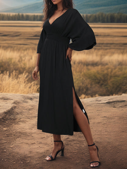 Perfee Slit V-Neck Long Sleeve Midi Dress