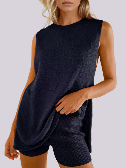 Mandy Side Slit Round Neck Tank and Shorts Sweater Set