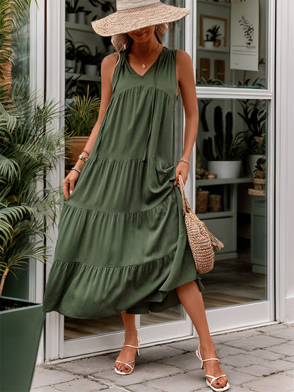 Perfee Tiered Tie Neck  Midi Dress