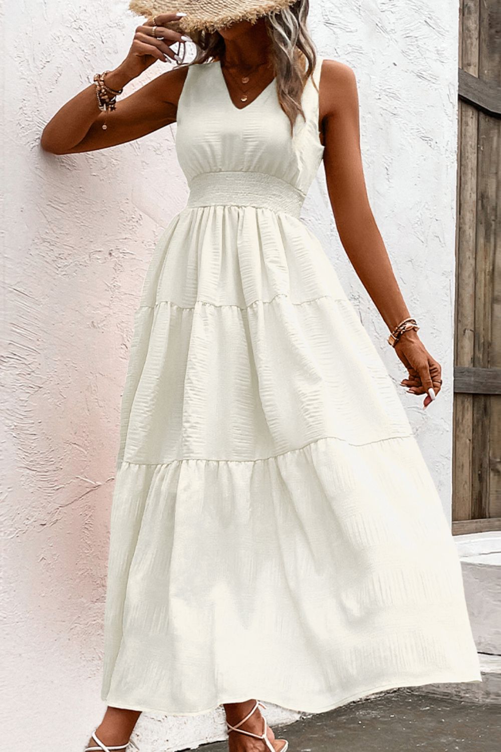 Shiny V-Neck Smocked Waist Sleeveless Tiered Dress