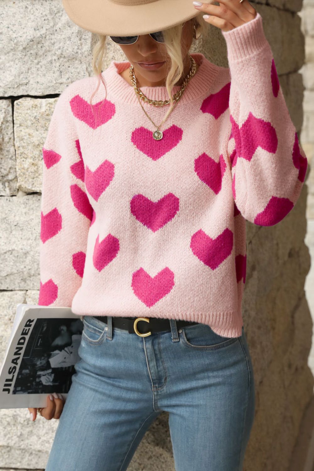 Perfee Heart Pattern Dropped Shoulder Sweater