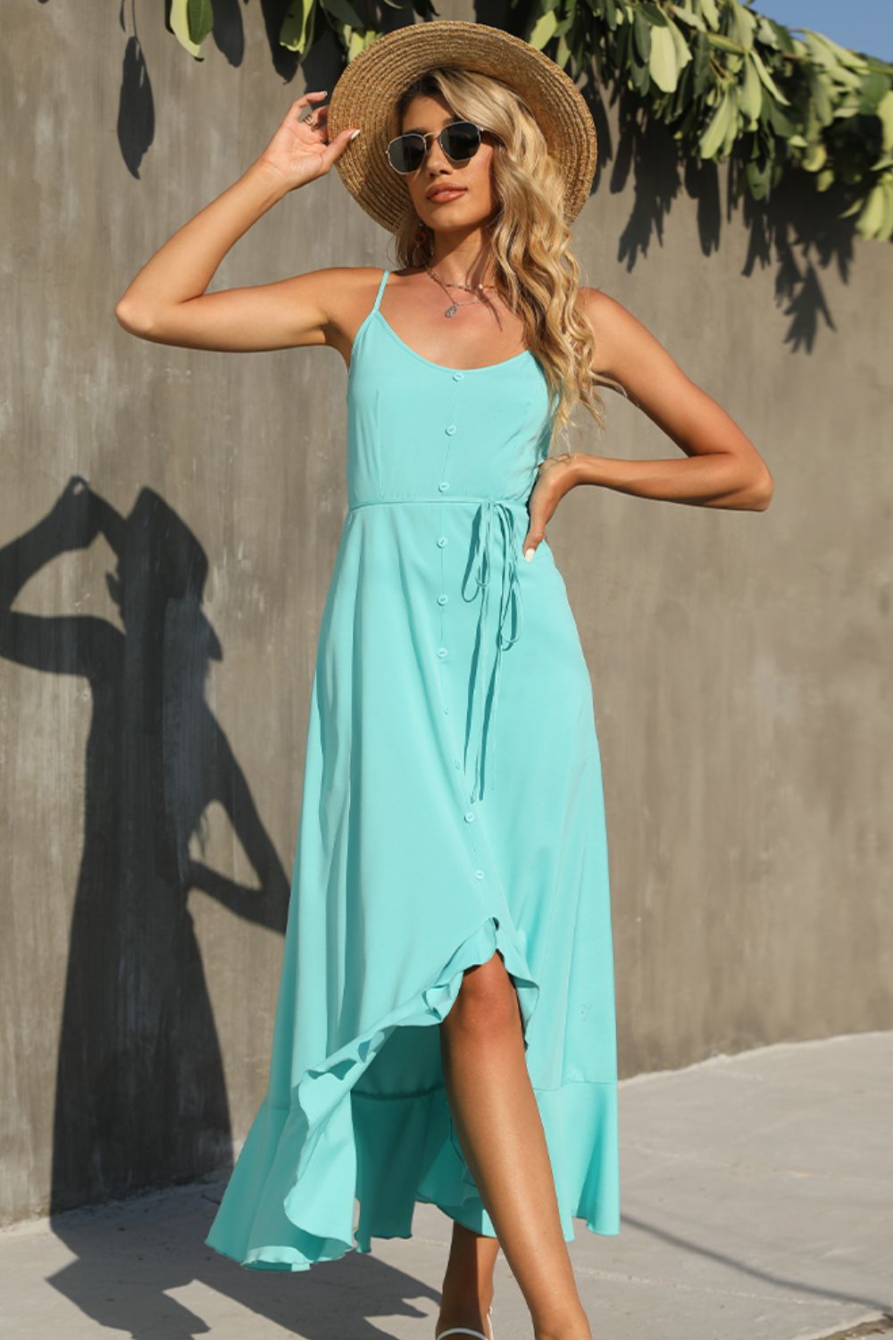 Shiny Decorative Button Spaghetti Strap Ruffle Hem Dress