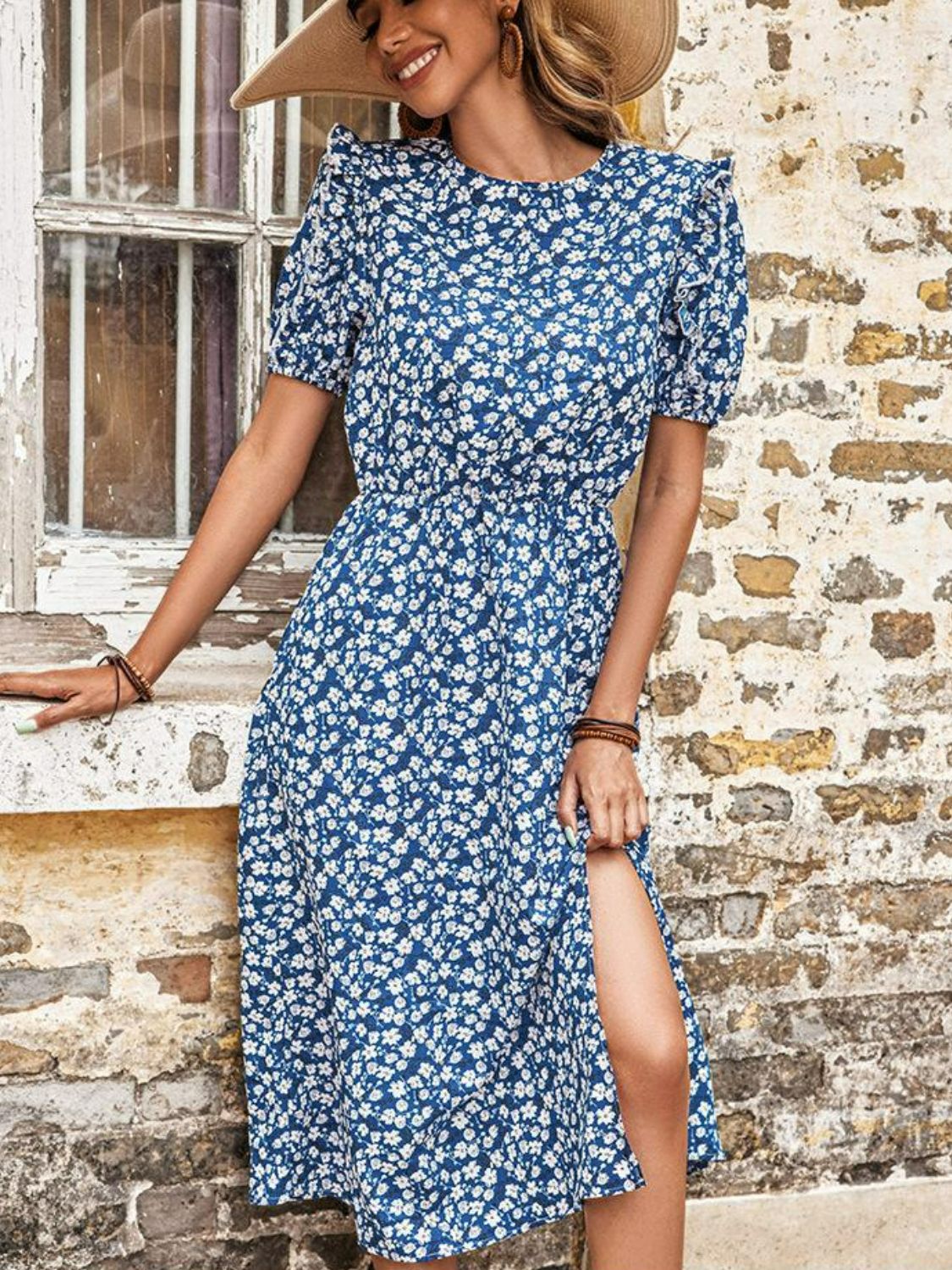 Perfee Floral Round Neck Split Midi Dress