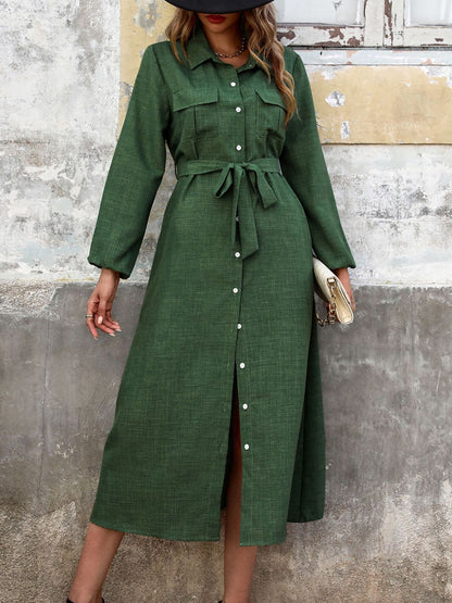 Perfee Collared Neck Long Sleeve Midi Shirt Dress