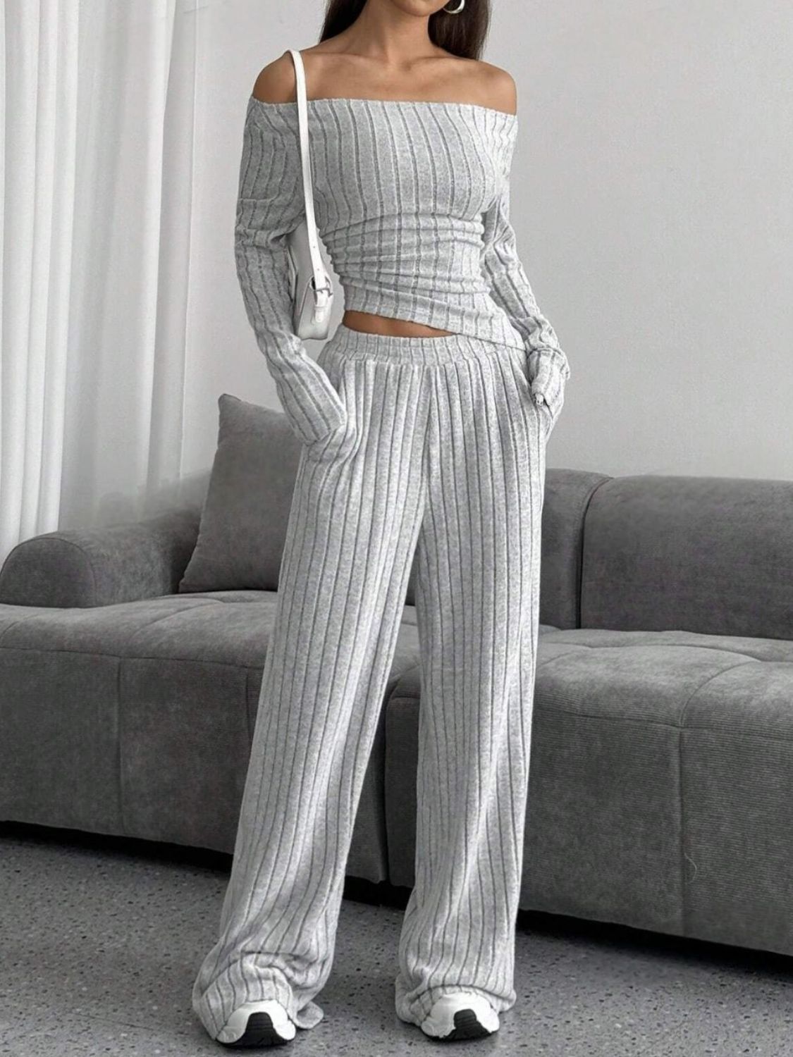 Ribbed Off-Shoulder Top and Pants Set