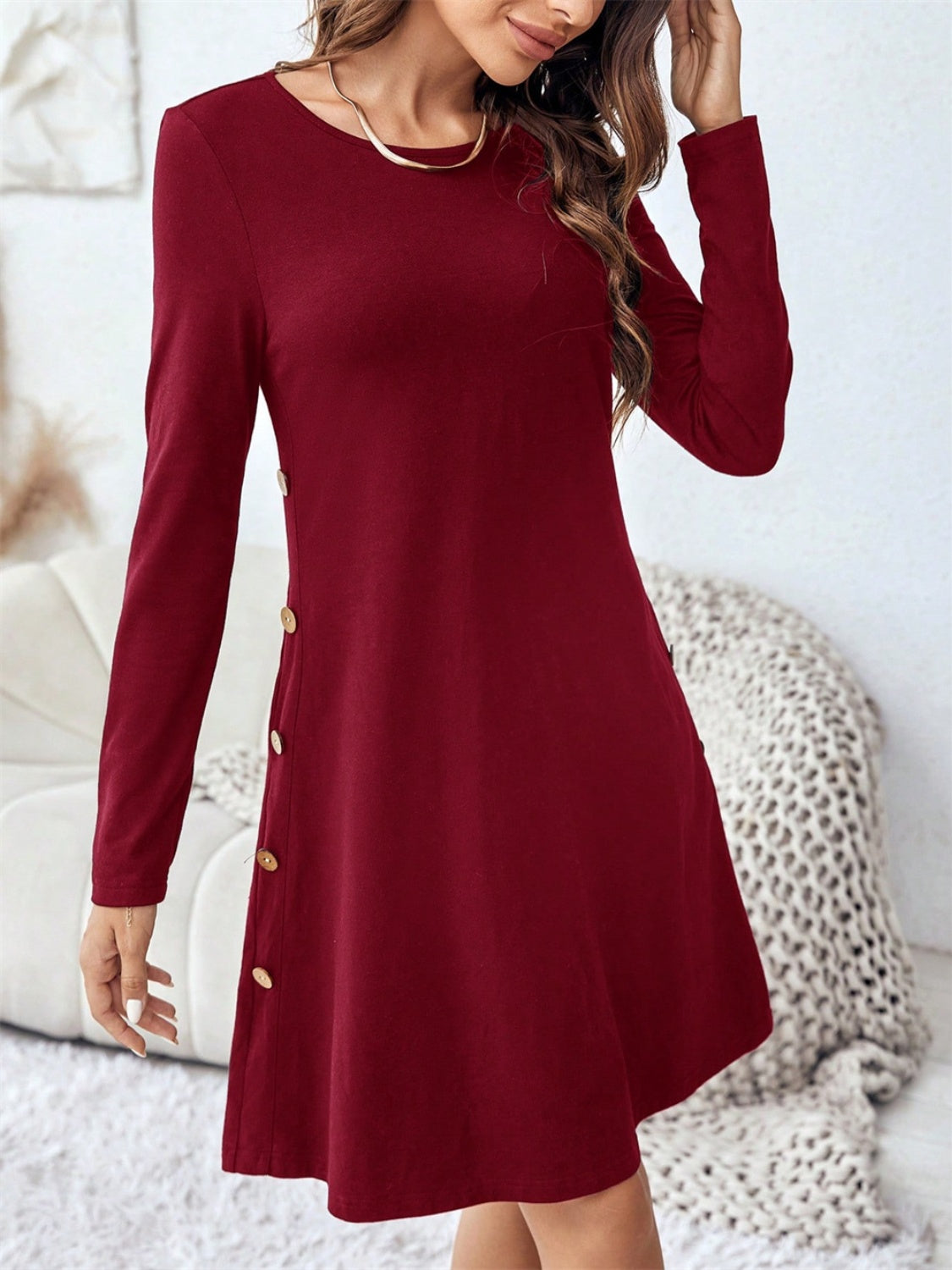 Round Neck Long Sleeve Mini Dress with Pockets