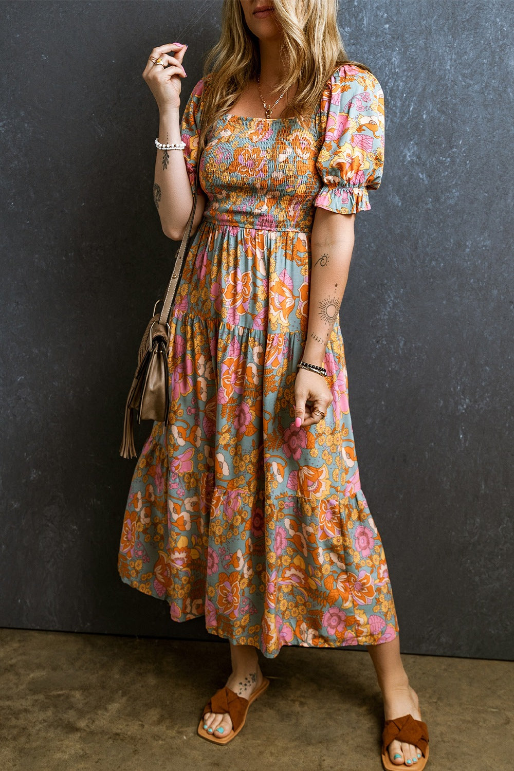 Smocked Printed Short Sleeve Dress