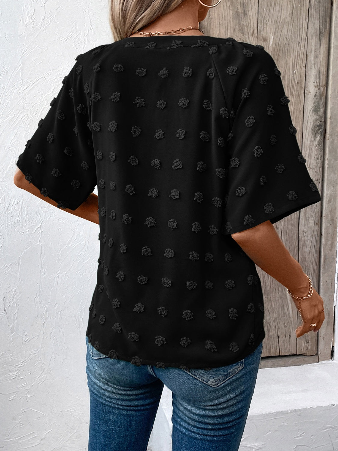 Swiss Dot Notched Half Sleeve Blouse