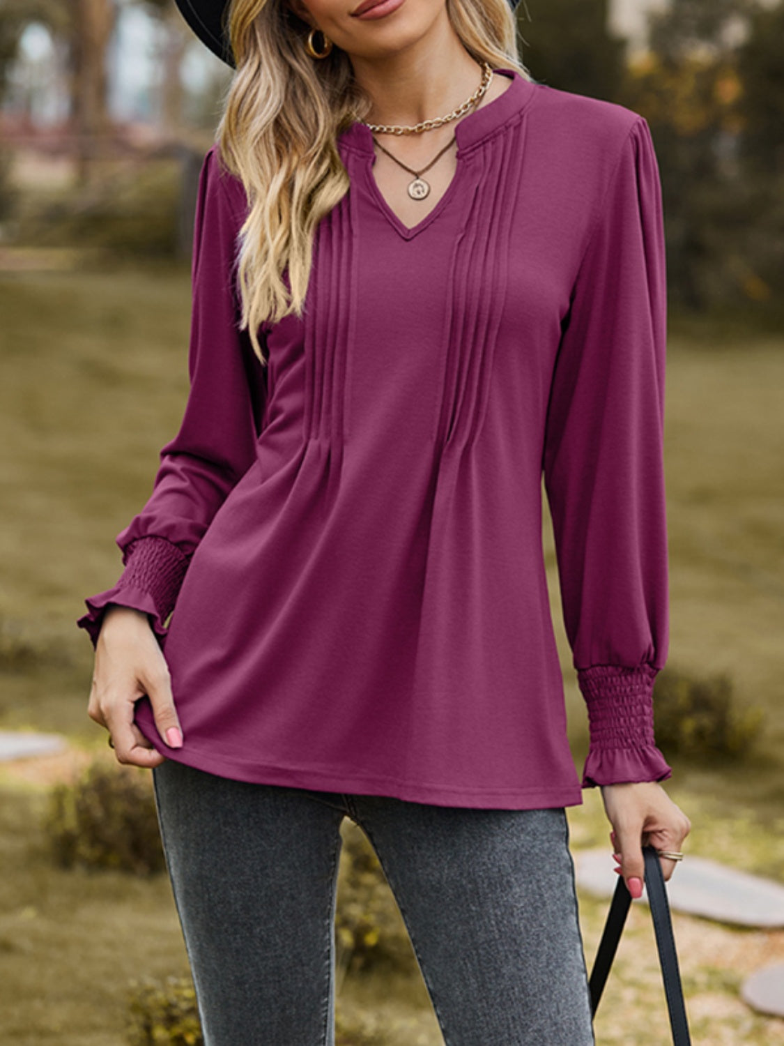 Ruched Notched Long Sleeve T-Shirt