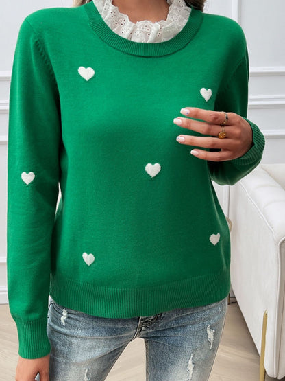 Devine Lace Detail Heart Long Sleeve Sweater