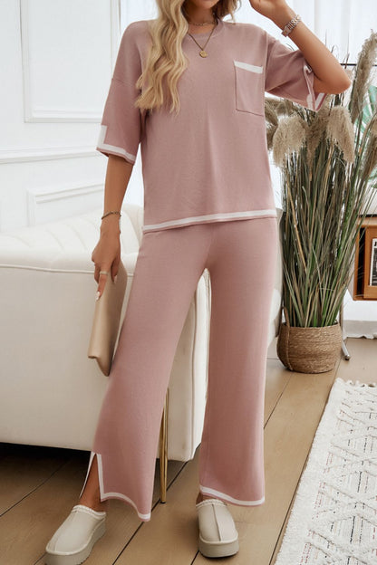 Contrast Trim Half Sleeve Top and Pants Set