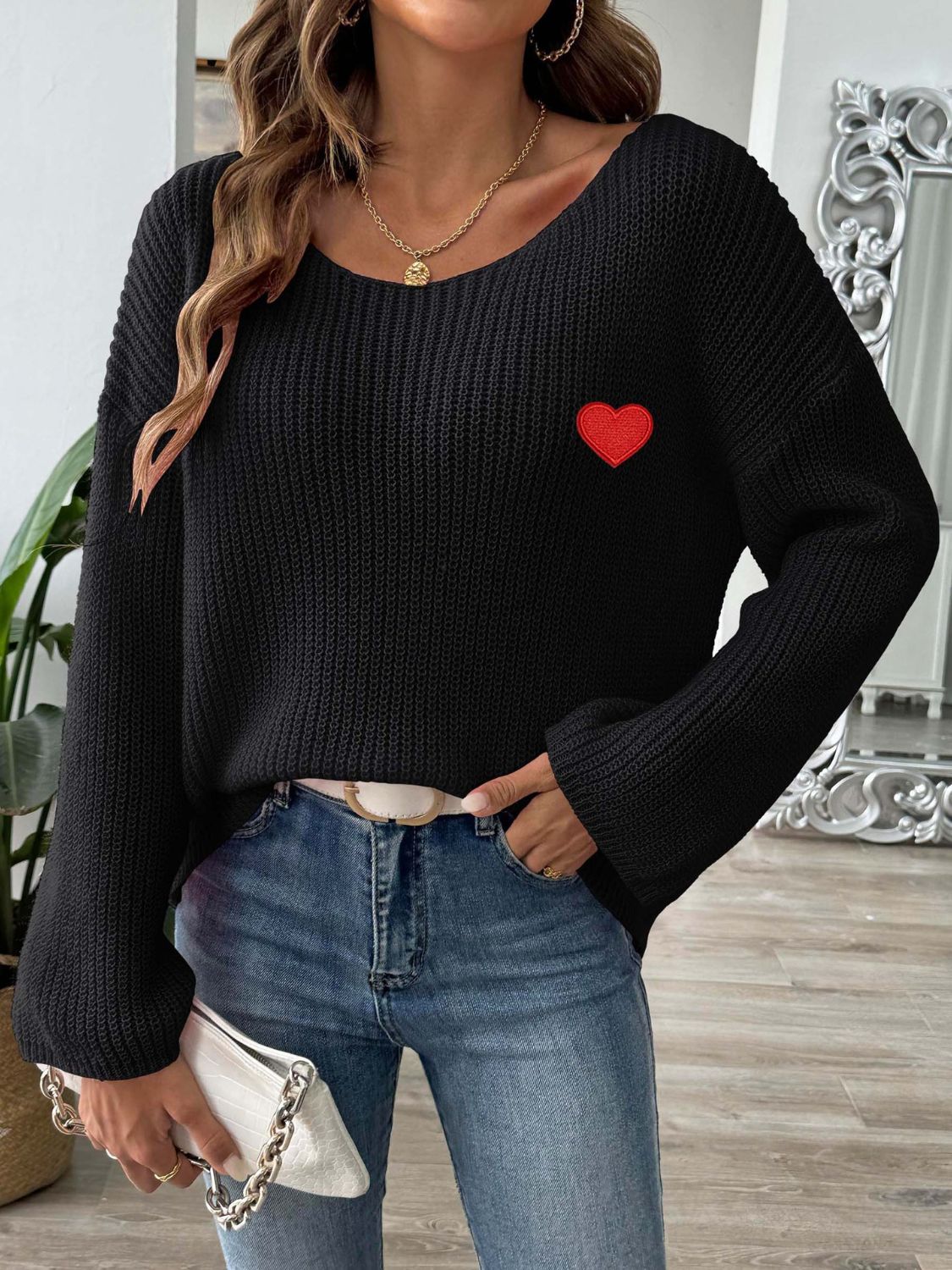 Heart Boat Neck Dropped Shoulder Sweater