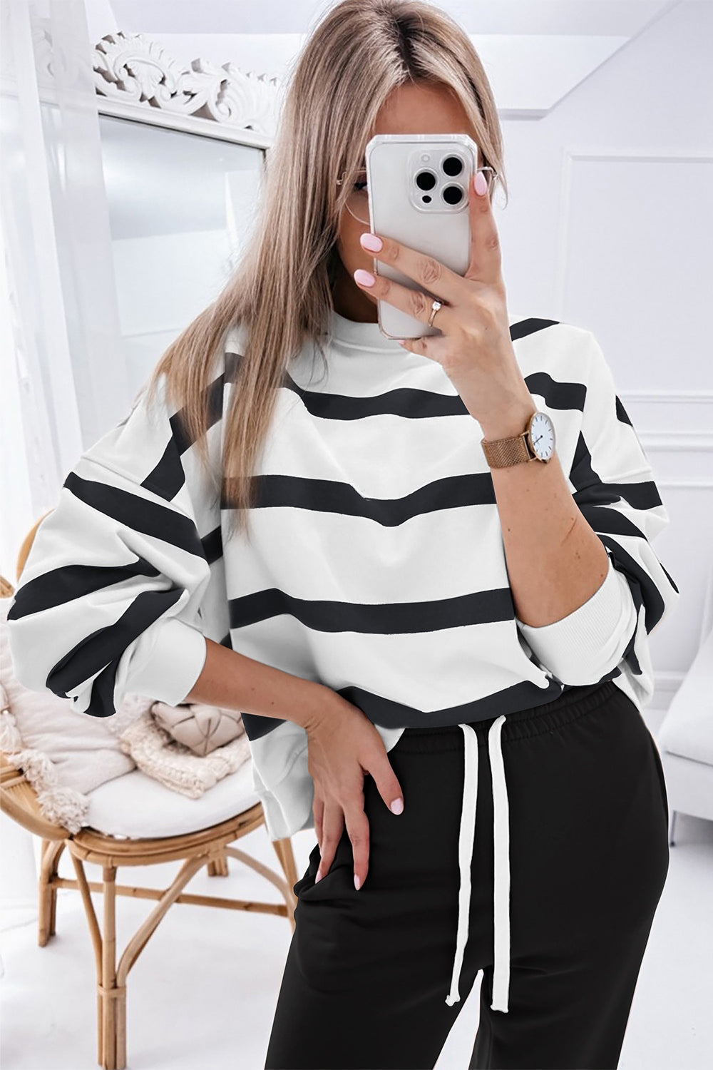 Striped Round Neck Long Sleeve Top and Pants Set