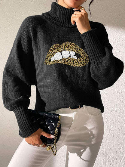 Lip Turtleneck Long Sleeve Sweater