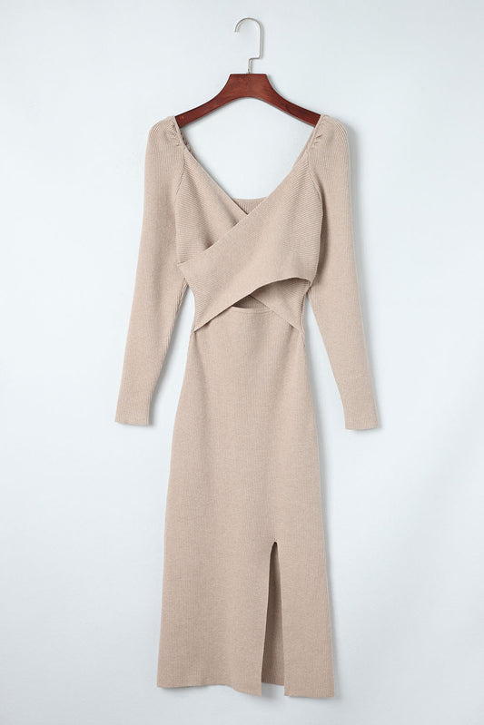 Crisscross Long Sleeve Slit Sweater Dress