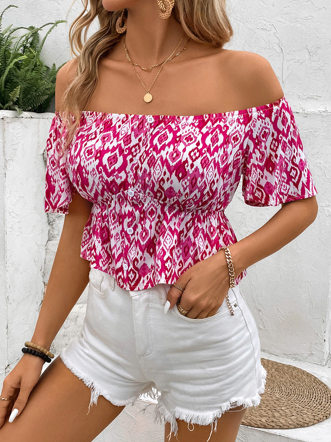 Perfee Peplum Printed Off-Shoulder Short Sleeve Blouse