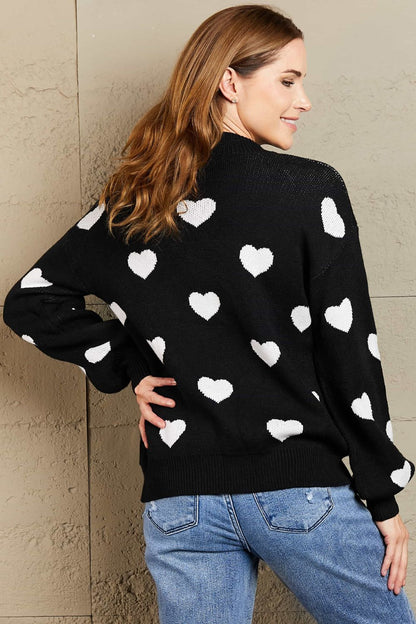 Woven Right Heart Pattern Lantern Sleeve Round Neck Tunic Sweater