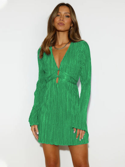 Tied Plunge Flare Sleeve Mini Dress