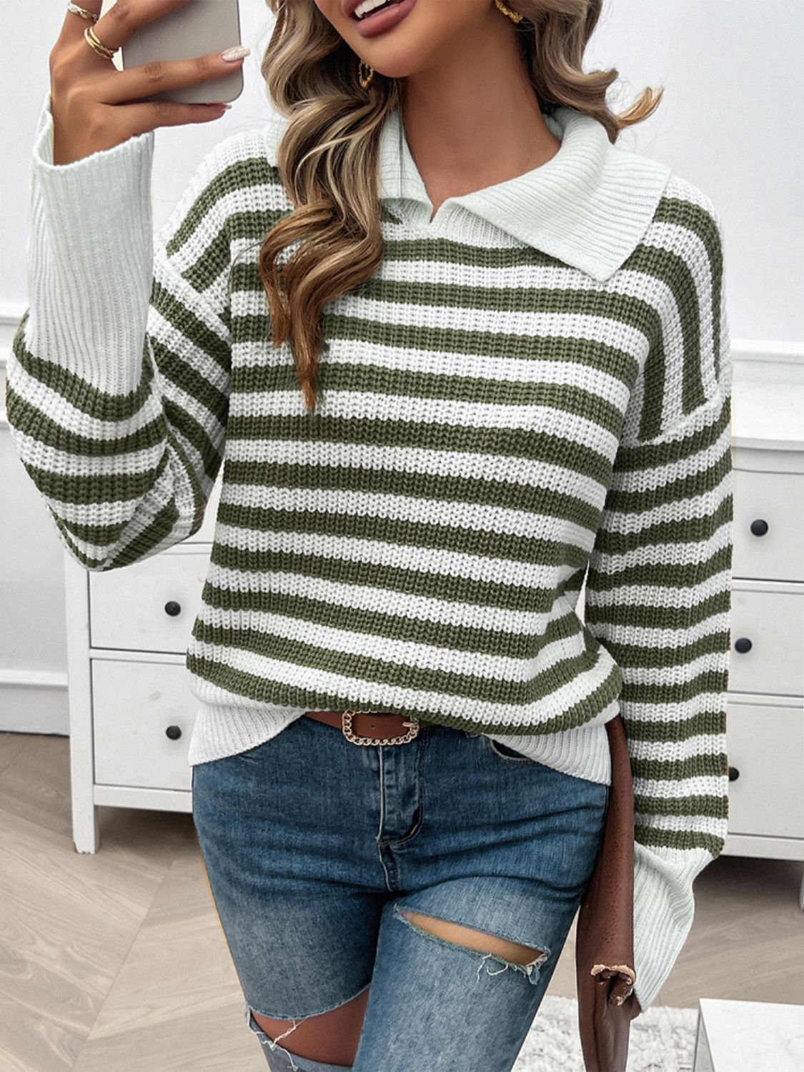 Striped Collared Neck Long Sleeve Sweater