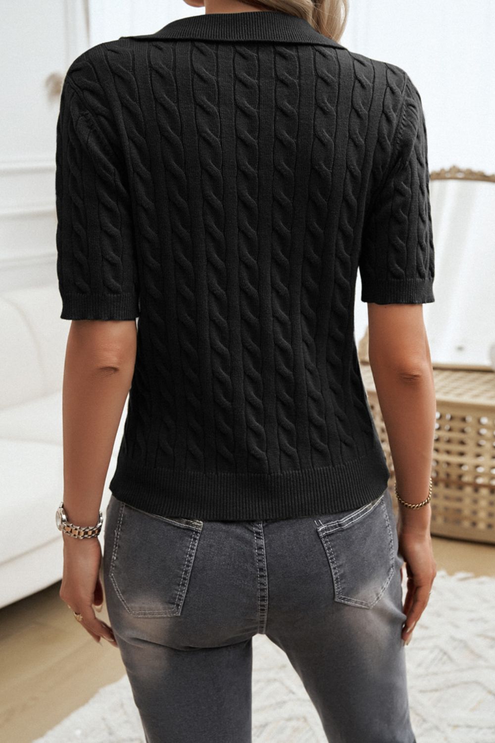 Cable-Knit Short Sleeve Sweater