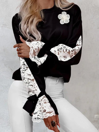 Lace Detail Tied Cuff Long Sleeve Sweatshirt