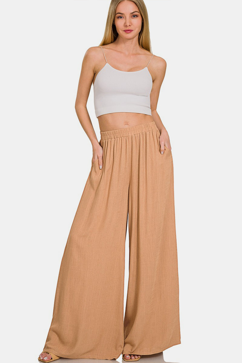 Zenana Pleated Linen Blend Wide Leg Pants