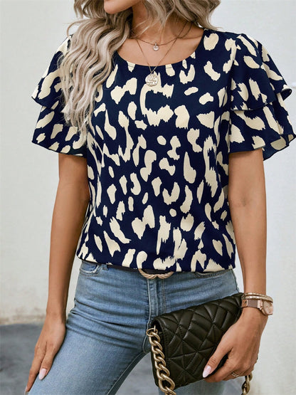 Ruffled Printed Round Neck Short Sleeve Blouse