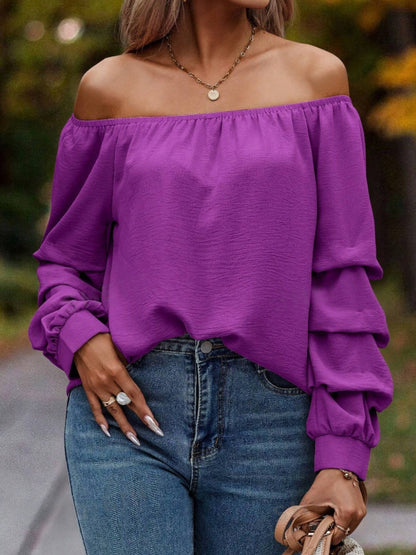 Ruched Off-Shoulder Long Sleeve Blouse