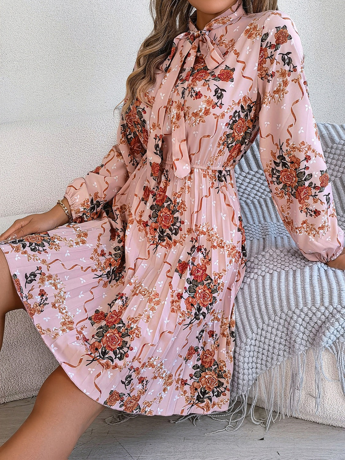 Pleated Printed Tie Neck Long Sleeve Dress